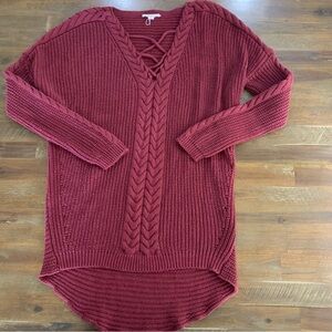One Hart maroon/burgundy heavy knit low cut criss cross v neck sweater